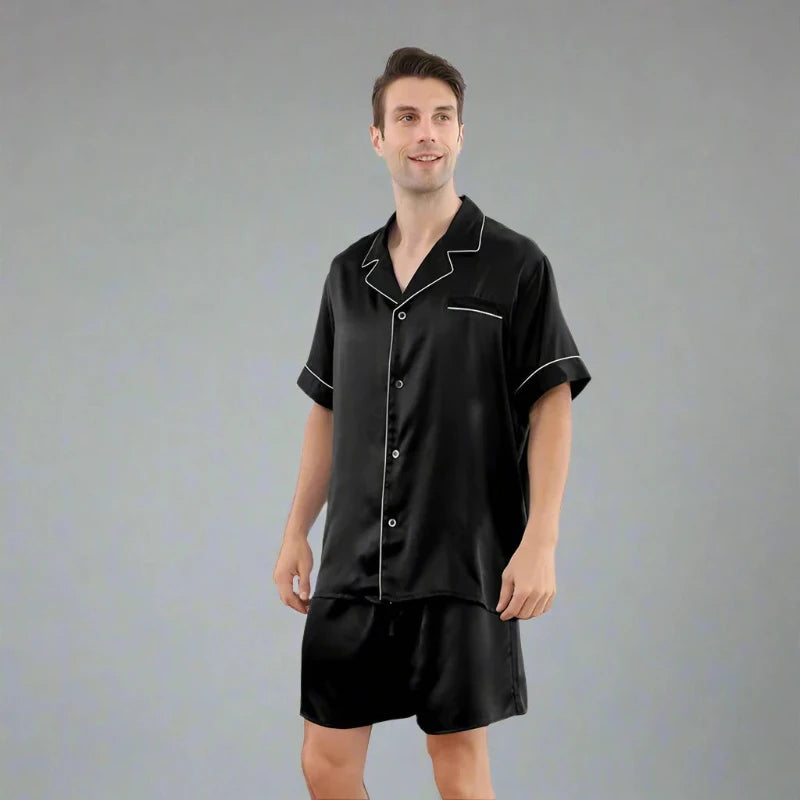 22MM 100% Mulberry Silk Pajama Set – Men’s Short Sleeve & Shorts