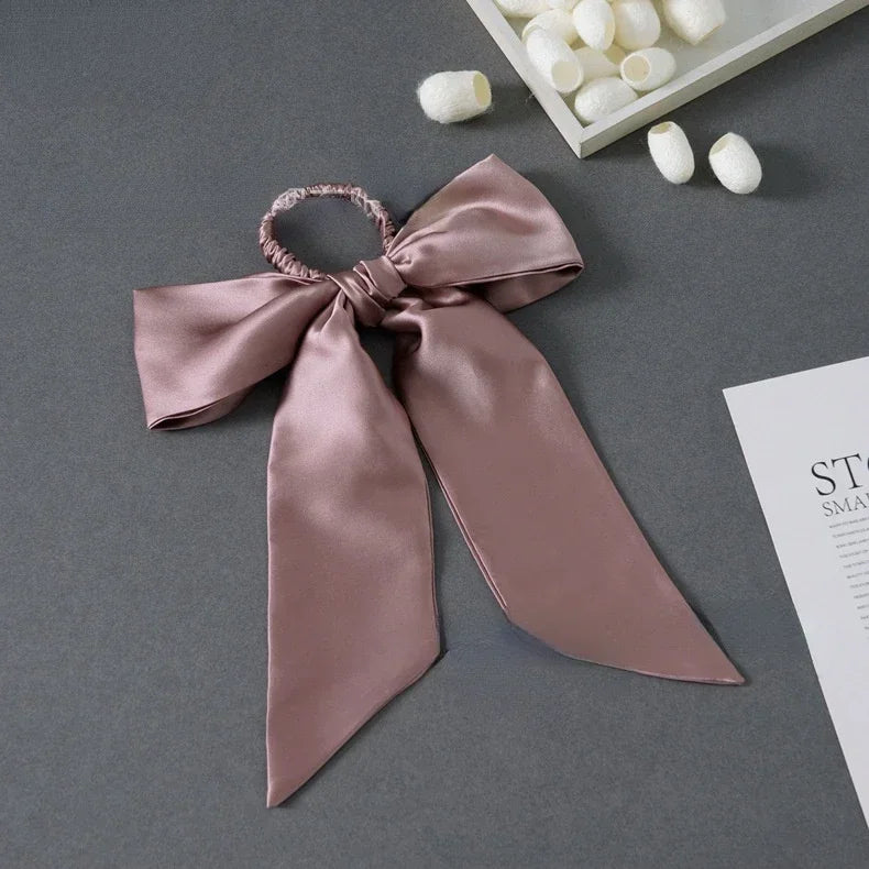 100% Mulberry Silk Hair Scrunchie Bow Long Ribbon