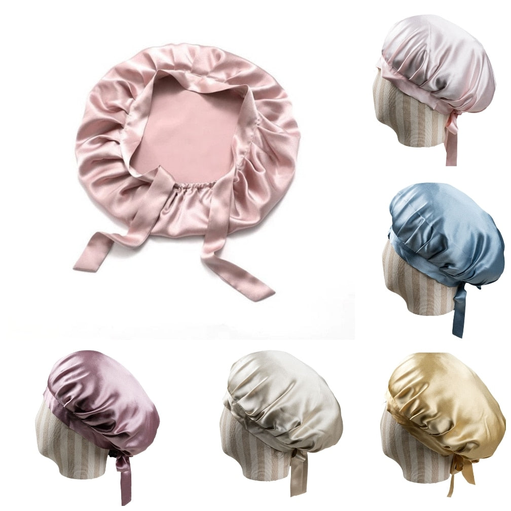 100% Mulberry Silk Bonnet Sleep Cap with Adjustable Ribbons